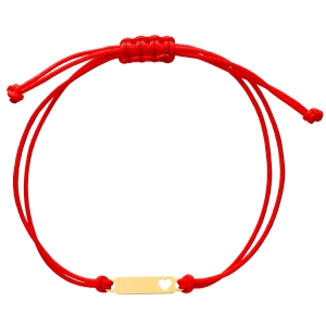 Złota bransoletka blaszka z sercem na czerwonym sznurku