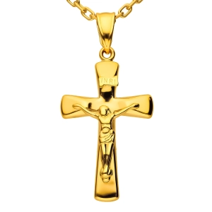 Złota zawieszka krzyżyk fasetowany z wizerunkiem