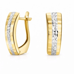 Dwukolorowe złote kolczyki 585 z diamentowanym białym złotem i fasetowanymi bokami 18 mm Basic