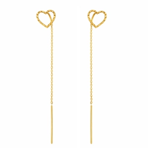 Złote kolczyki serca diamentowane przeciągane przez ucho na łańcuszku