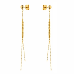 Złote kolczyki sztyfty wiszące z diamentowanymi kuleczkami na łańcuszku