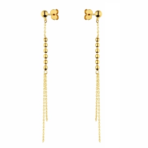 Złote kolczyki sztyfty wiszące z fasetowanymi kuleczkami na łańcuszku