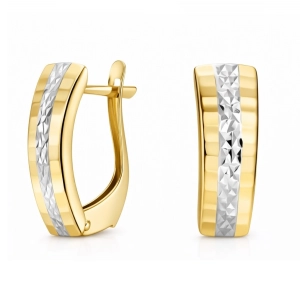 Złote kolczyki angielskie fasetowane z białym diamentowanym paskiem 14 mm Basic