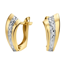 Złote kolczyki angielskie gładkie z białym diamentowanym paskiem 16 mm profilowane Basic