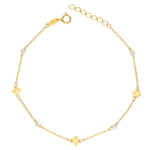 Złota bransoletka celebrytka - gładki kwiatek z fasetowanymi cyrkoniami białymi