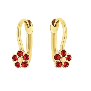 Złote kolczyki dziecięce kwiatek z czerwonymi cyrkoniami