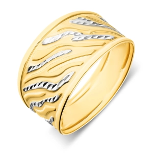 Złoty pierścionek szeroki fala biało-żółta