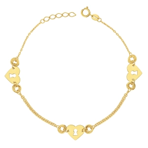 Złota bransoletka celebrytka - serce kłódka na podwójnym łańcuszku