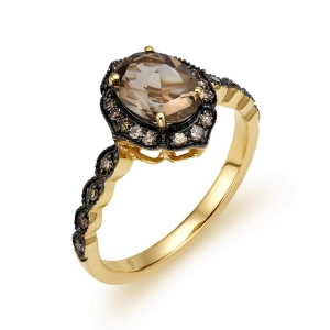 Złoty pierścionek z brylantami i kwarcem dymnym RR46096SMCHY17 0,23 CT