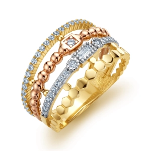 Złoty pierścionek trzy kolory złota 585 z cyrkoniami i geometryczną strukturą City P_18