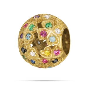 Złoty charms ażurowy 585 z wielokolorowymi cyrkoniami - koniczynki szczęścia