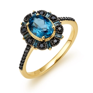 Złoty pierścionek z brylantami i london blue topaz RR46097LBTY