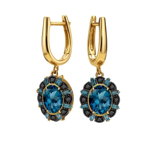Złote kolczyki z czarnymi brylantami - london blue topaz RE14535LBTBDY