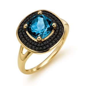 Złoty pierścionek z brylantami czarnymi i london blue topaz JR15020BTBDY