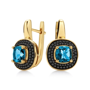 Złote kolczyki z czarnymi brylantami i london blue topaz JE5541BTY