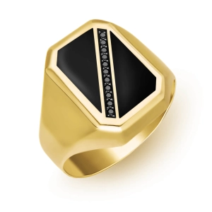 Złoty sygnet klasyczny ze złota próby 585 z emalią i czarnymi cyrkoniami