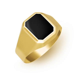 Złoty sygnet z czarną emaliowaną ośmiokątną tarczą złoto 585