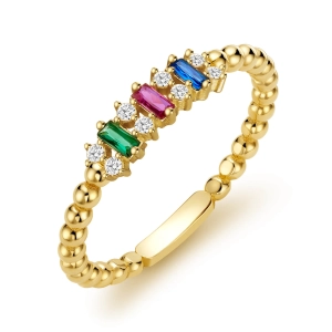 Złoty pierścionek tęczowy szlif bagietka i kuleczki złoto 585 City P_43