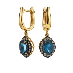 Złote kolczyki z szampańskimi brylantami i london blue topaz RE14536LBTCHY