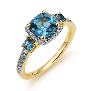 Złoty pierścionek z brylantami i london blue topaz RR43193LBTY