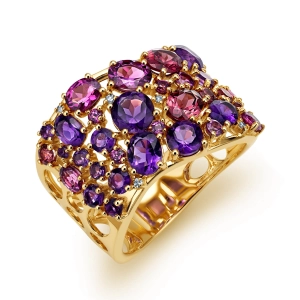Złoty pierścionek z brylantami ametystami granatami RR52356AMGAY