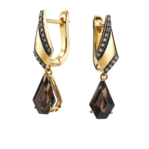 Złote kolczyki z brylantami i kwarcem dymnym RE15363SMCHY