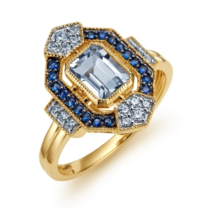 Złoty pierścionek z brylantami, białym topazem i szafirami RR52377WTOPSAPY15