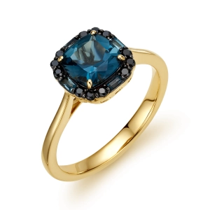 Złoty pierścionek z czarnymi brylantami i london blue topaz RR46094LBTY