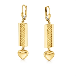 Złote kolczyki z diamentowanym prostokątem i błyszczącym sercem złoto 585