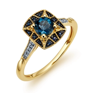 Złoty pierścionek z brylantami i london blue topaz JR18538SAPBTY