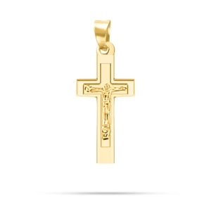 Złota zawieszka krzyż z wizerunkiem Chrystusa i gładkim tłem złoto 585
