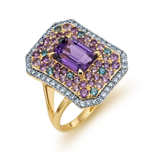 Złoty pierścionek z brylantami- centralny ametyst RR55328AMLBTBTY