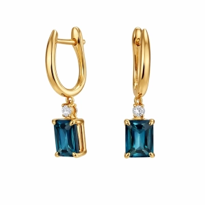 Złote kolczyki z brylantami i london blue topazami   RE306LBTY
