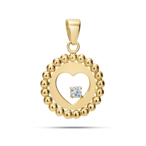 Złota zawieszka 585 - serce miłości z cyrkonią i gładkimi kulkami na okrągło Basic