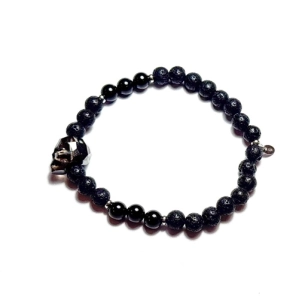 Bransoletka męska czaszka na sznurku- lawa wulkaniczna, turmalin czarny