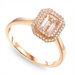 Złoty pierścionek z morganitem w szlifie szmaragdowym i brylantami R87499