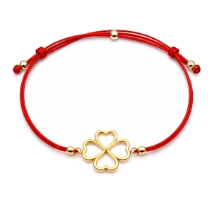 Złota bransoletka na sznurku koniczyna 585