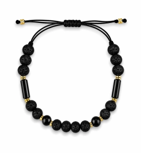 Bransoletka męska na sznurku- lawa wulkaniczna, agat czarny, turmalin czarny