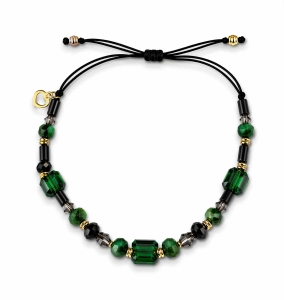 Bransoletka na sznurku z kamieniami naturalnymi- Agat czarny, Zoisyt, Spinel, Swarovski