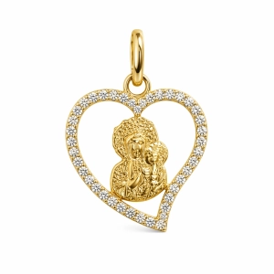 Złota zawieszka Matka Boska Częstochowska w zawieszce w kształcie serca z cyrkoniami
