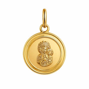 Złota zawieszka Matka Boska Częstochowska w okrągłej zawieszce z tłoczonym rantem