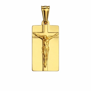 Złota zawieszka krzyż na prostokątnej blaszce