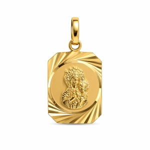 Złota zawieszka Matka Boska na prostokątnej blaszce z nacinanym wykończeniem