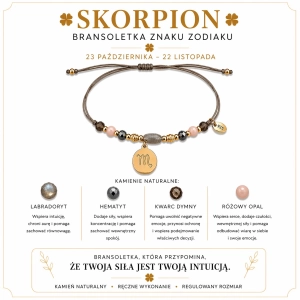 Skorpion znak zodiaku bransoletka - labradoryt, hematytm kwarc dymny, różowy opal