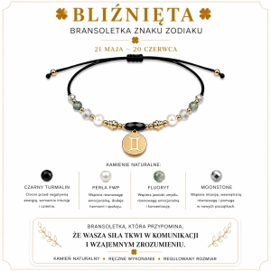 Bliźnięta znak zodiaku bransoletka - turmalin, czarna perła, fluoryt, moonstone blue