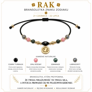 Rak znak zodiaku bransoletka - czarny turmalin, szmaragd, pink opal, labradoryt