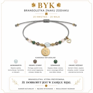 Byk znak zodiaku bransoletka - akwamaryn, kwarc dymny, szmaragd, kwarc różowy