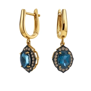 Złote kolczyki z szampańskimi brylantami i london blue topaz RE14536LBTCHY