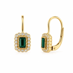 Złote kolczyki angielskie markizy prostokątne zielona cyrkonia 585