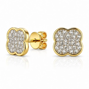 Złote Kolczyki Sztyfty Koniczyna z Brylantami 0,15 ct H/SI, Żółte Złoto 585